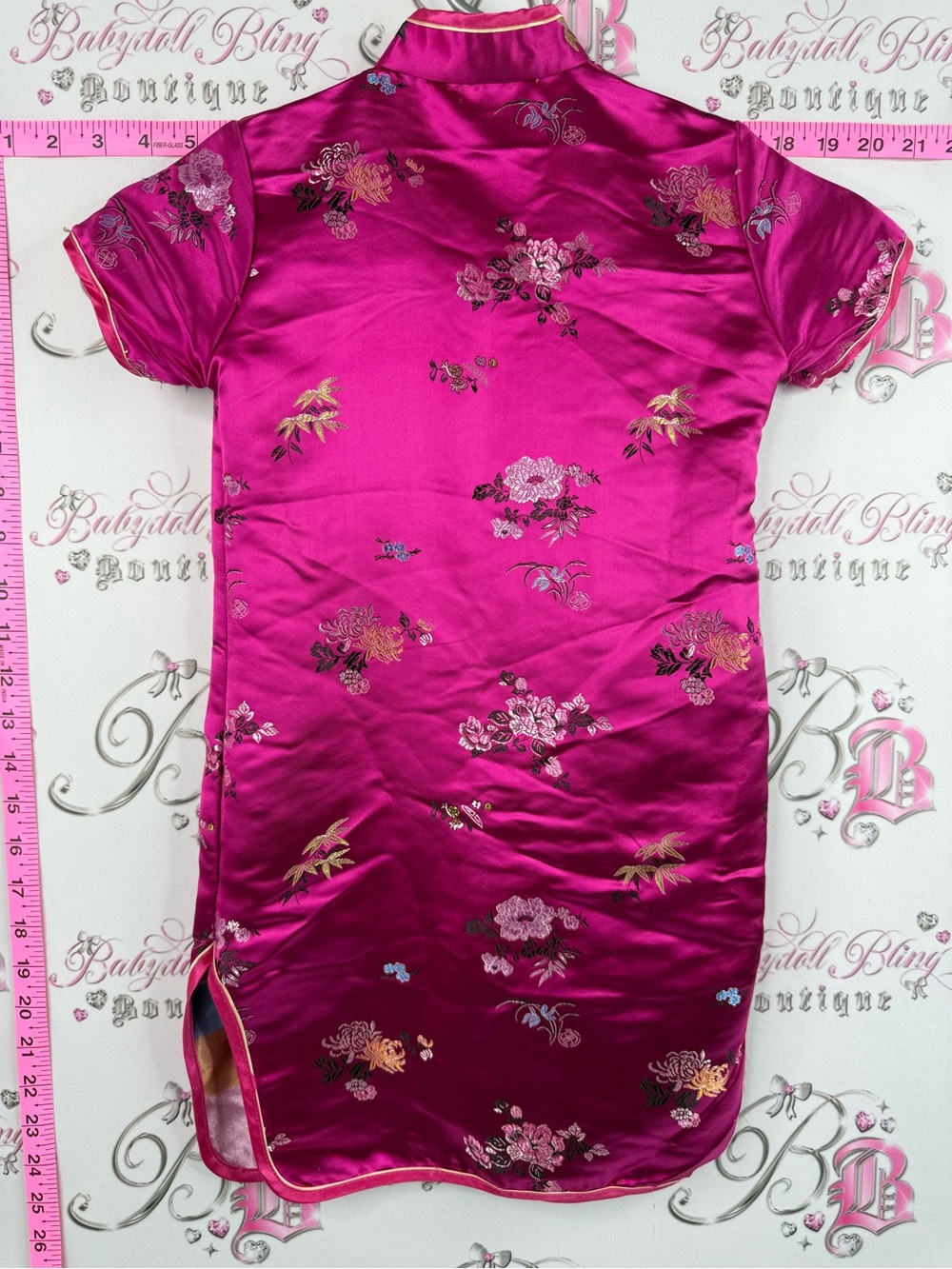 Eastern collection dress Girls' Hot Pink Satin Floral Cheongsam Mandarin Collar - Picture 2 of 10